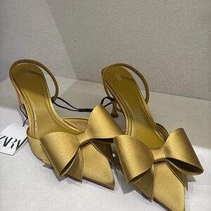 Zara Gold Satin Bow Heels